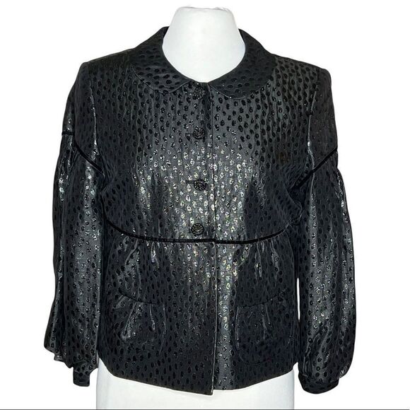 Ann klein Silk Blend Metallic Jacquard Empire Waist Balloon Sleeve Jacket - Picture 2 of 10